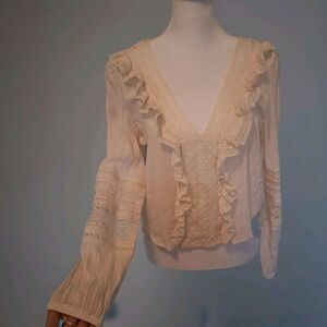 Crochet Ruffle Blouse Sz S Cottage Peasant Prairie Equestrian Romantic Neutral